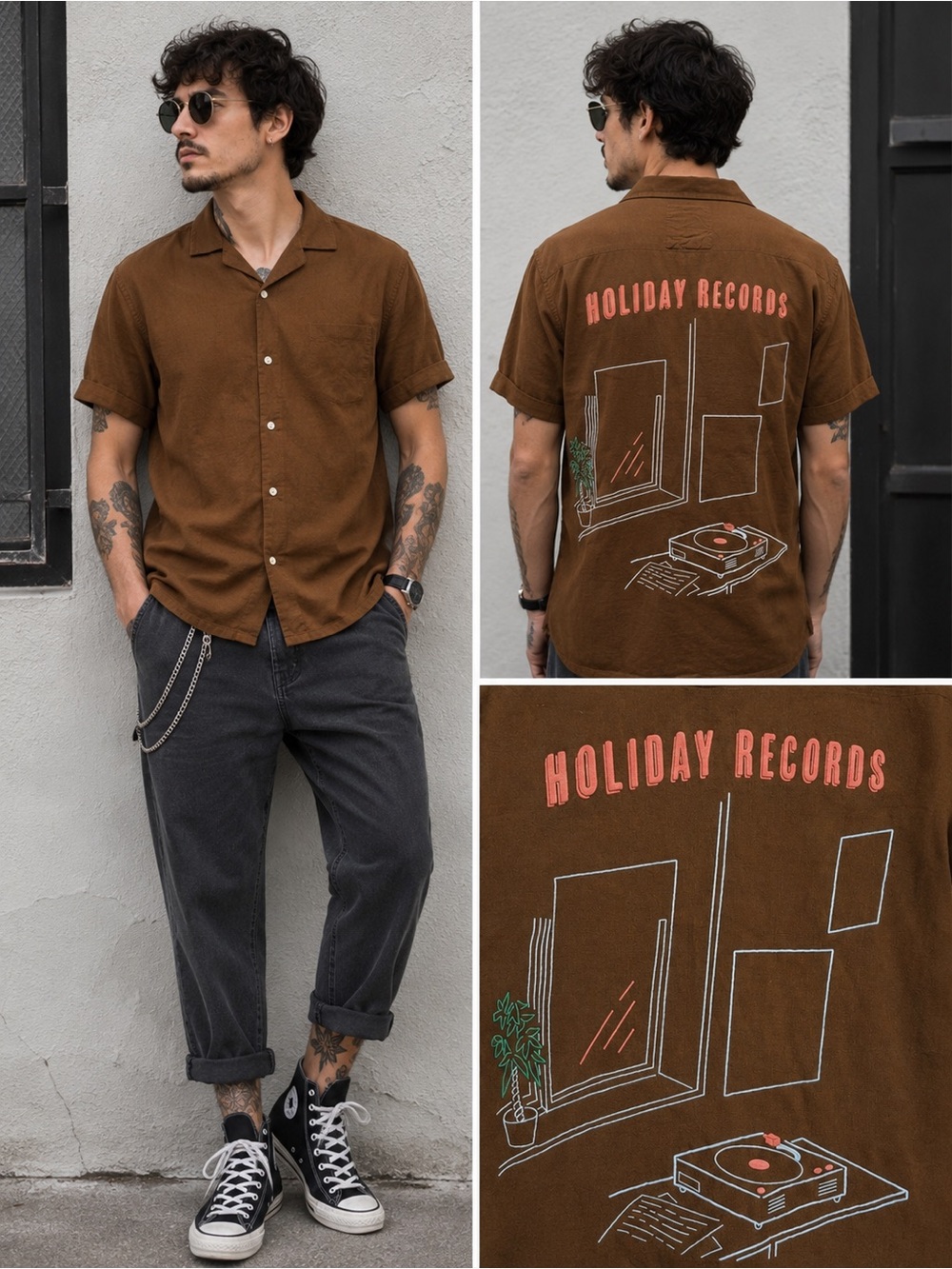 CACTUS MAN Ricky Singh Holiday Records Button Up Brown Shirt EUC